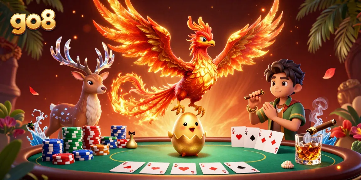 Experience go8's thrilling casino ambiance with a fiery phoenix and poker scene.