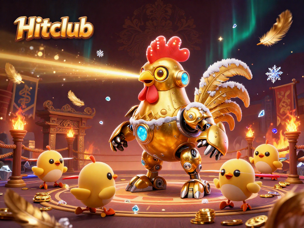 Hitclub's golden rooster robot shoots laser beams in an impressive casino-themed 3D scene.