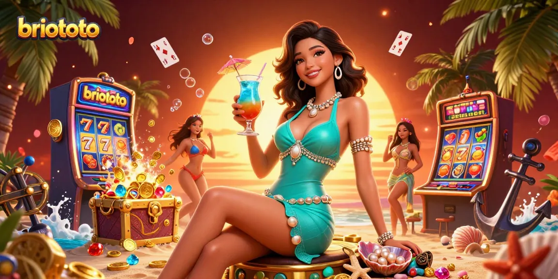 Briototo showcases a stunning scene with an Asian woman at a beach casino, vibrant slot machines, and dynamic gambling elements.
