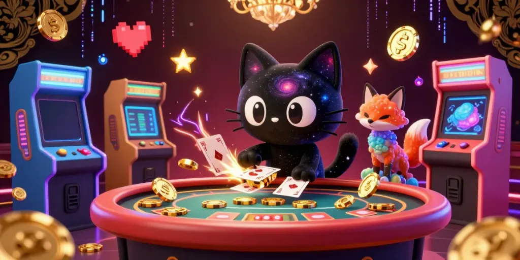 Experience the universe of rummy old, where a cosmic cat plays at a vibrant casino.
