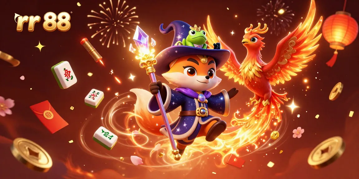 Experience gaming magic with rr 88, featuring a wizard fox, phoenix, and floating casino elements.