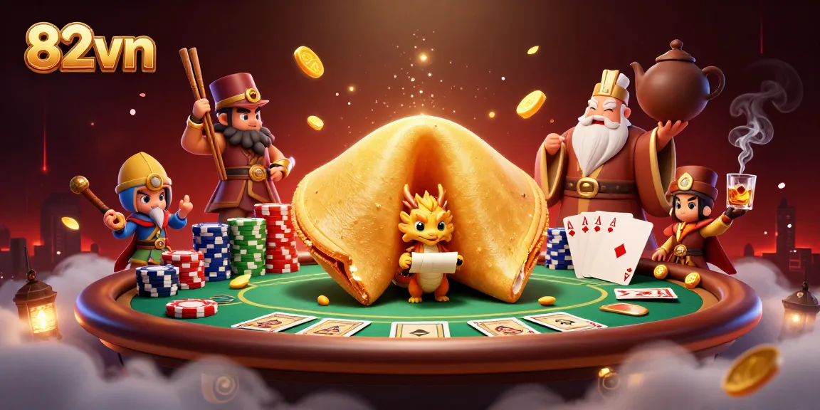 Experience 82vn's dynamic casino scene with vibrant characters and gaming elements surrounding a golden fortune cookie.