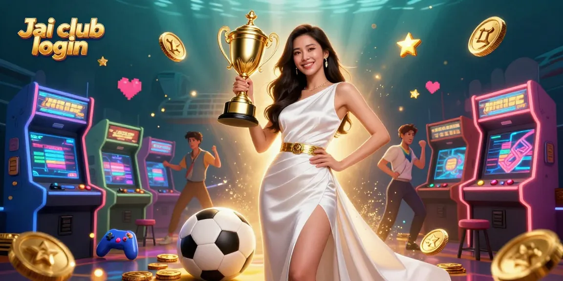 Experience the excitement of Jai club login with a victorious woman holding a trophy among casino elements.