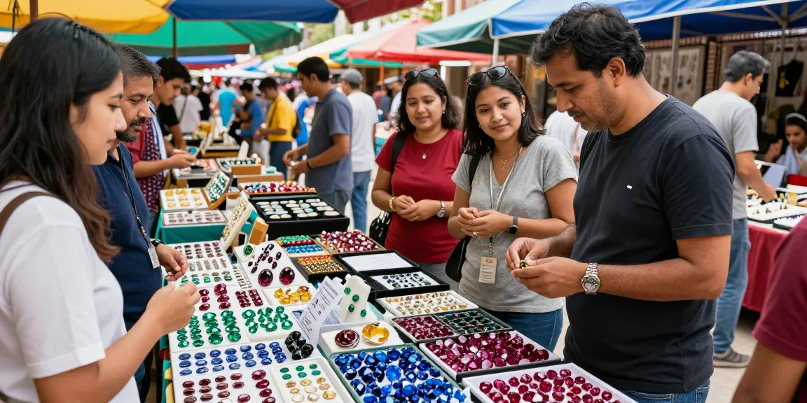 Explore stunning gems at https://www.mygemspot.com in a lively marketplace with vibrant colored stones and engaging merchants.