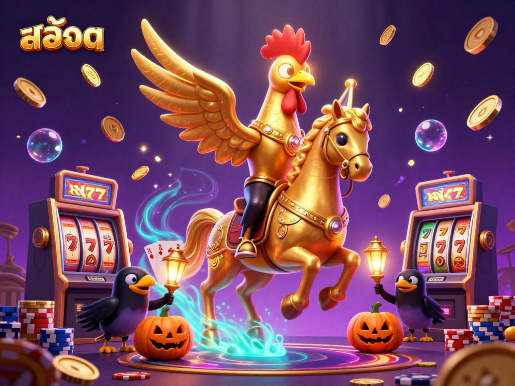 Experience thrilling สล็อต gameplay with a unique golden rooster character in a vibrant casino scene.