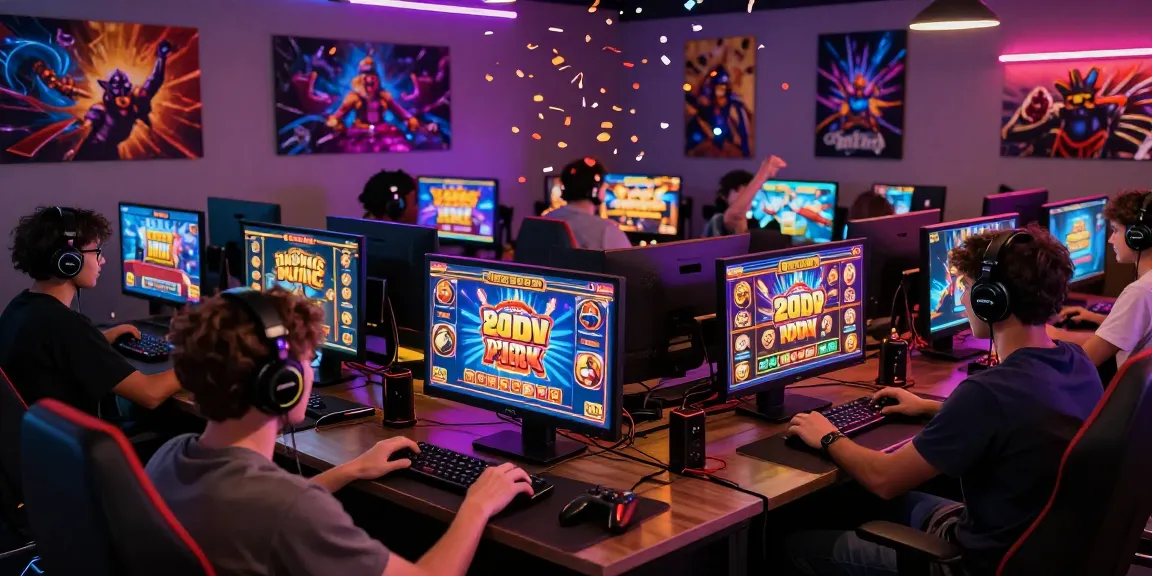Pengalaman bermain situs slot gacor dengan pemain merayakan kemenangan jackpot, suasana ceria dan peralatan gaming modern.