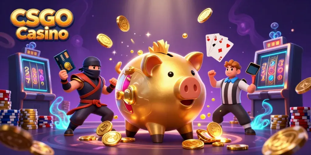 Engaging gameplay at CSGO Casino with dynamic characters, golden coins, and vibrant elements.