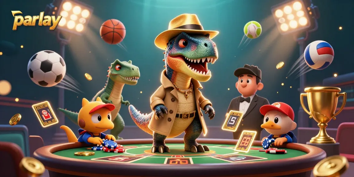 Engaging parlay betting scene with cartoon dinosaurs at a sports table focused on strategy and excitement.
