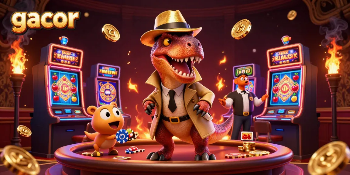 Experience the thrill of gacor slots with a colorful casino scene featuring a sneaky velociraptor at the slot machine.