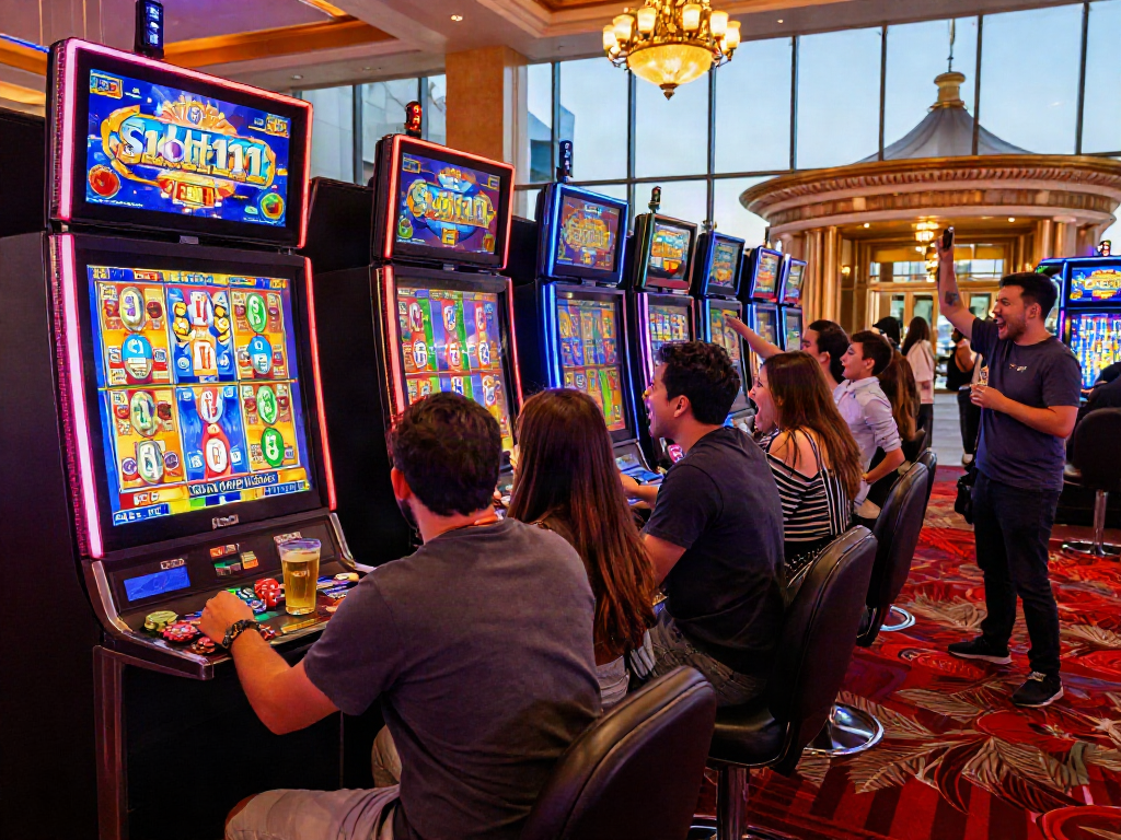 Exciting gaming experience at slot111 machine with friends celebrating victories amidst lively casino atmosphere.