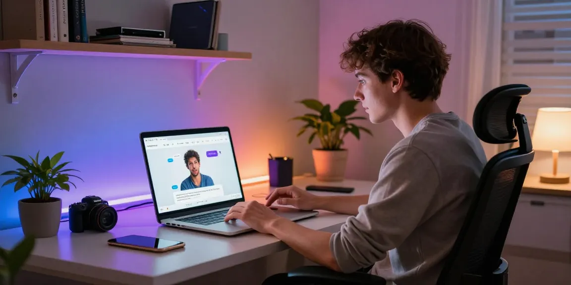 User engaged in NSFW AI chat on laptop in cozy home office
