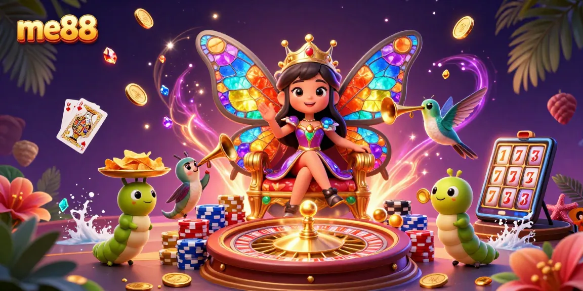 Experience the vibrant world of me88, where a butterfly queen reigns over a magical casino landscape.