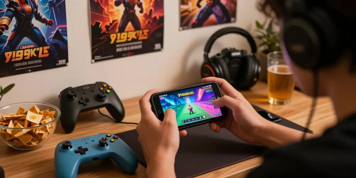 Player interacting with 918kiss original app on smartphone, vibrant graphics, gaming accessories, cozy home atmosphere.