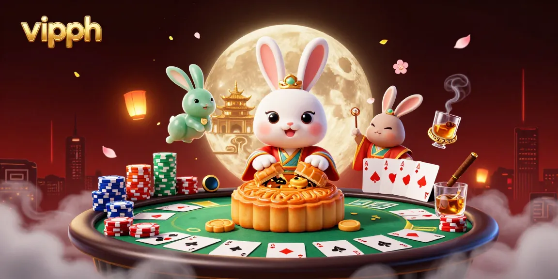 Experience VIPPH's vibrant casino world with a moon rabbit and jade companion in a festive gambling scene.