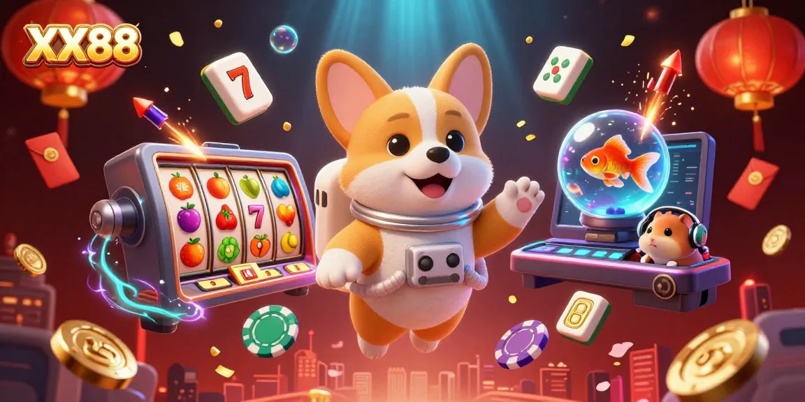 Engage with exciting slots action at XX88, featuring vibrant 3D illustrations of floating casino elements.