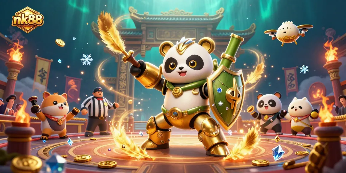 Engage with nk88 in this vibrant 3D casino scene featuring a mech-suit panda battling in an exciting arena.