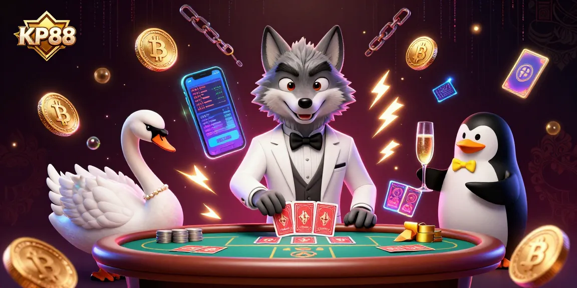 Experience winning at KP88 with a stylish wolf at the baccarat table alongside an elegant dealer and a confident sommelier.