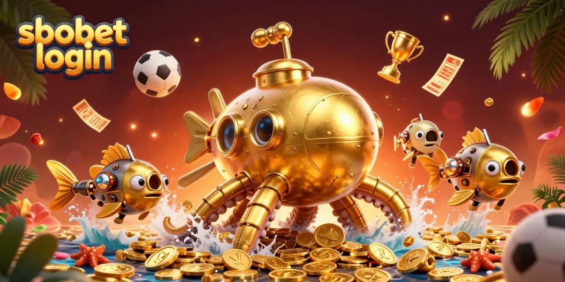 Experience sbobet login with a dynamic 3D illustration of a kraken submarine amid sports betting excitement.