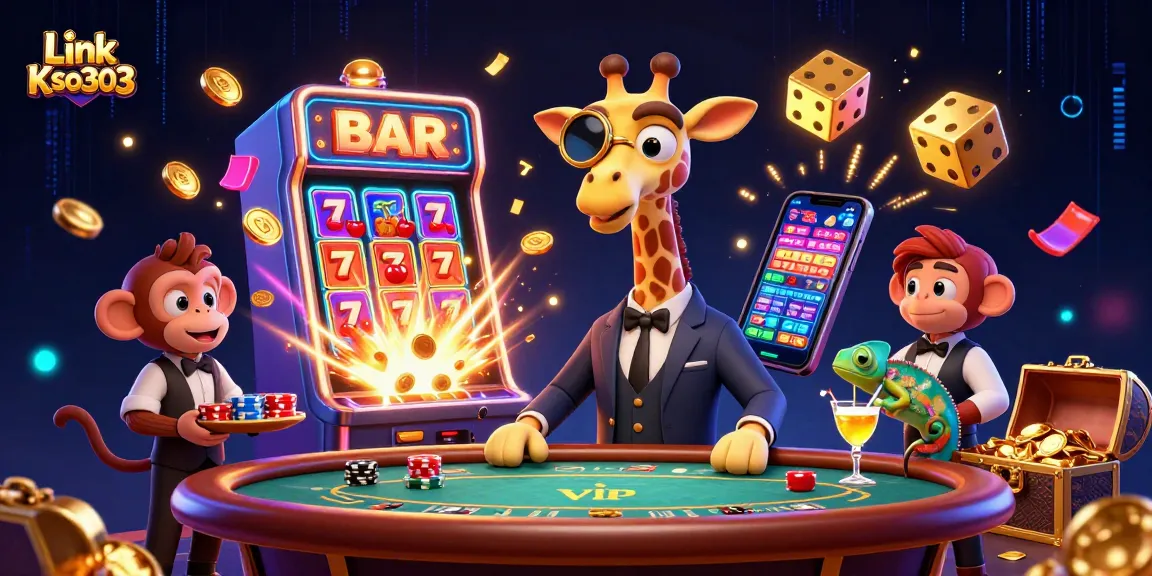 Permainan slot menarik di Tautan Kso303 dengan jerapah, valet monyet dan bartender bunglon