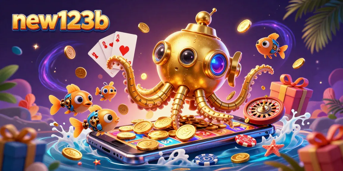 Engage with new123b's exciting gameplay as the golden kraken submarine surfaces amidst coins, featuring vibrant casino elements.