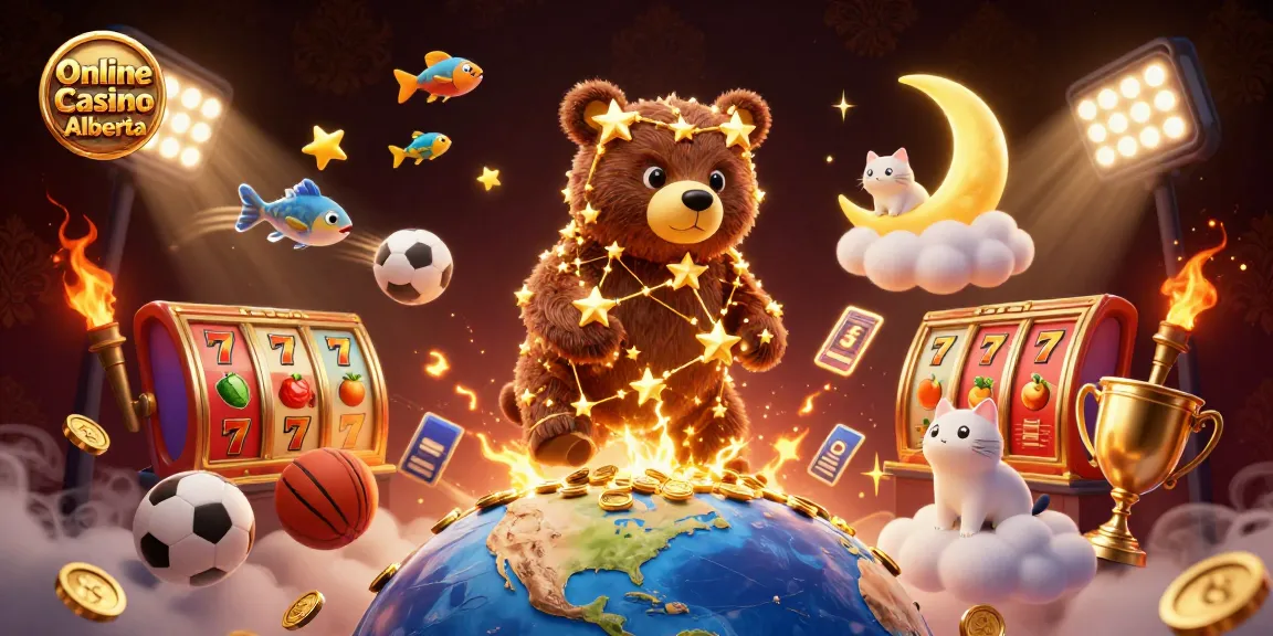 Immerse in Online Casino Alberta with a dazzling 3D scene showcasing slot reels and golden coins.