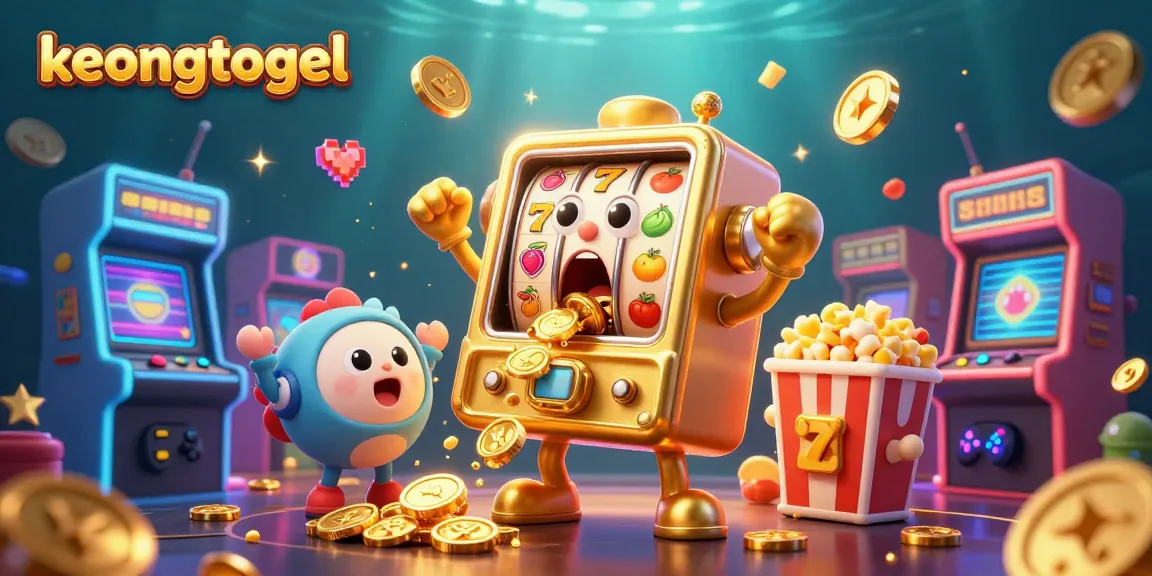 Keongtogel slot machine hits a jackpot, surrounded by cheering baby slots and golden popcorn machine.