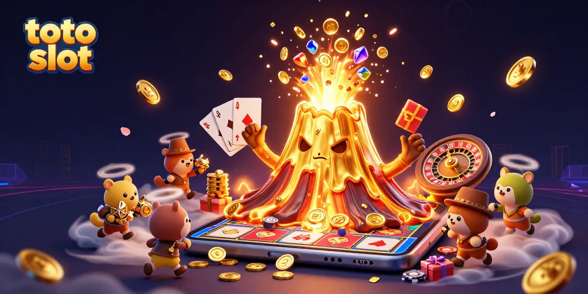 Toto slot gamification illustrated with erupting golden volcano treasures and lively gaming elements.