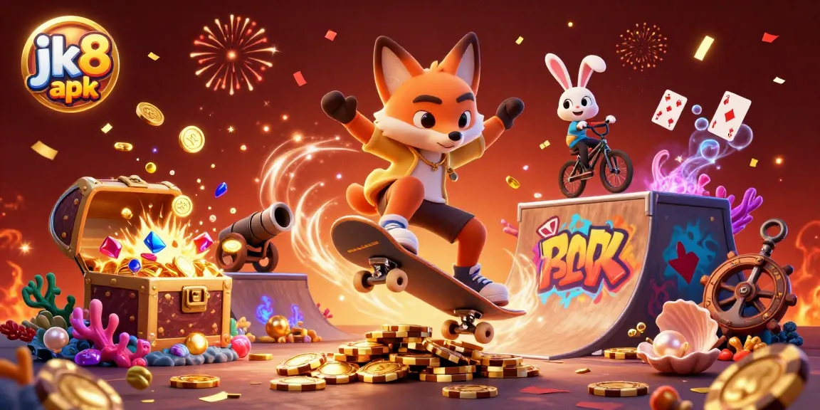 Experience gaming excitement with the vibrant jk8 apk featuring cartoon fox and rabbit in a lively casino scene.