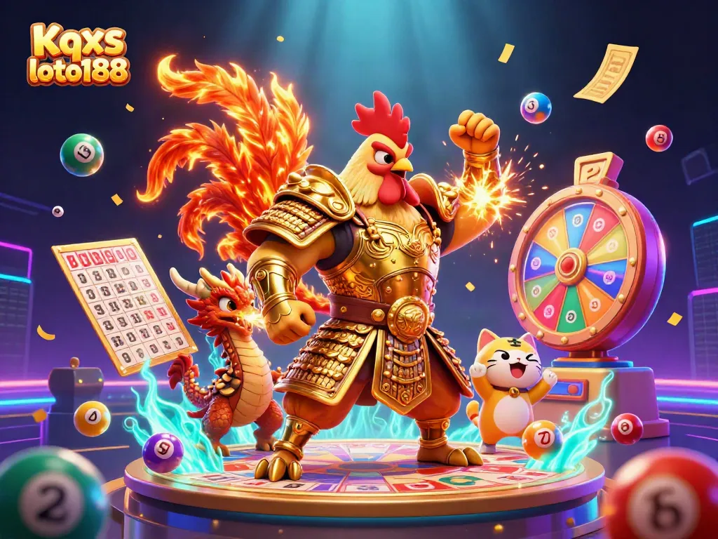 Kqxs loto188 vibrant lottery scene featuring a cartoon rooster warrior, armored dragon, and festive elements.