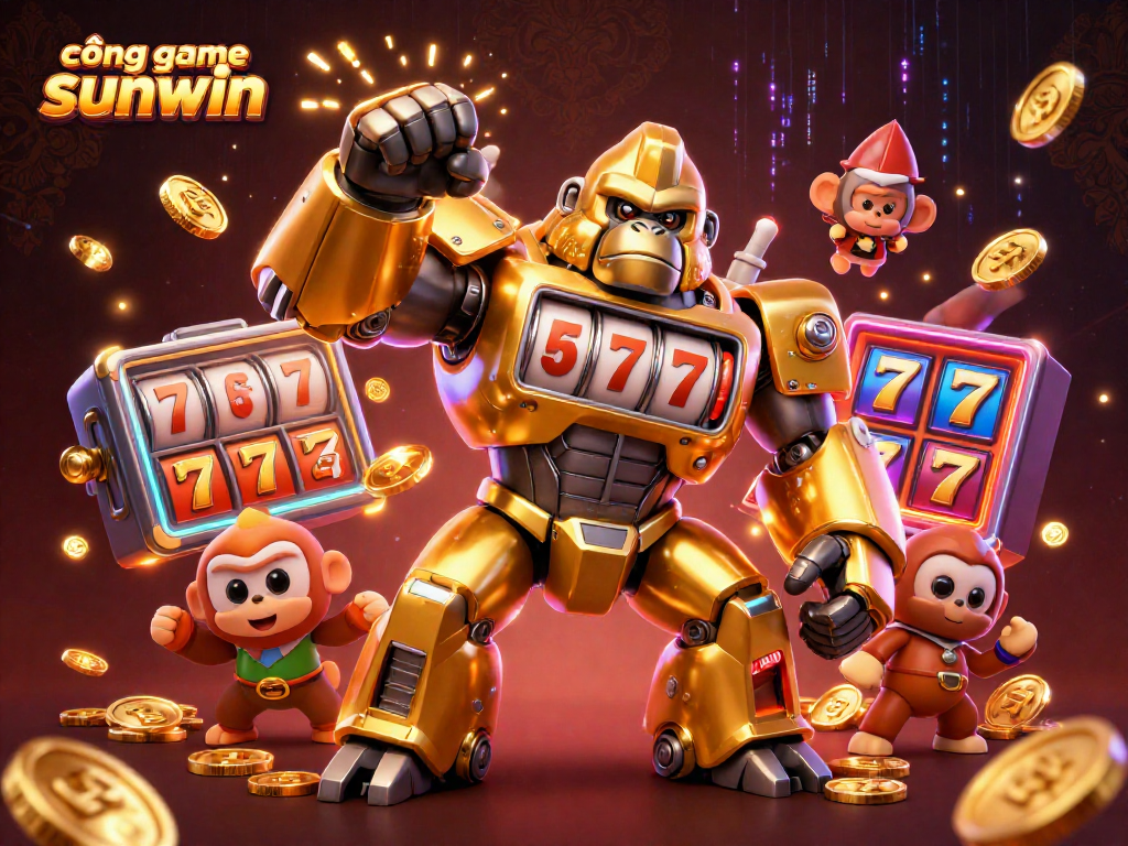 Experience thrilling action with cổng game sunwin in this dynamic illustration featuring a golden mech and casino elements.