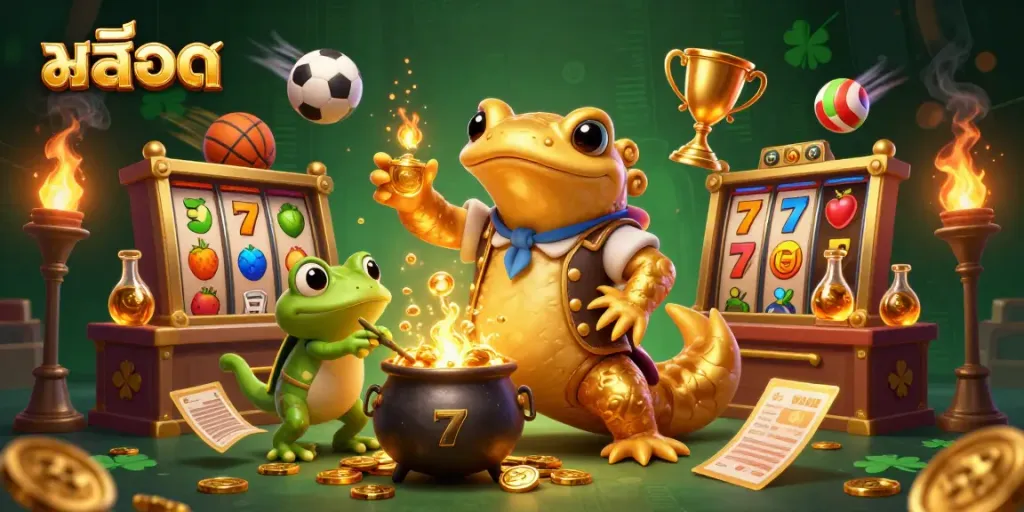 Explore exciting สล็อต gaming possibilities with golden alchemist in an enchanting laboratory scene.