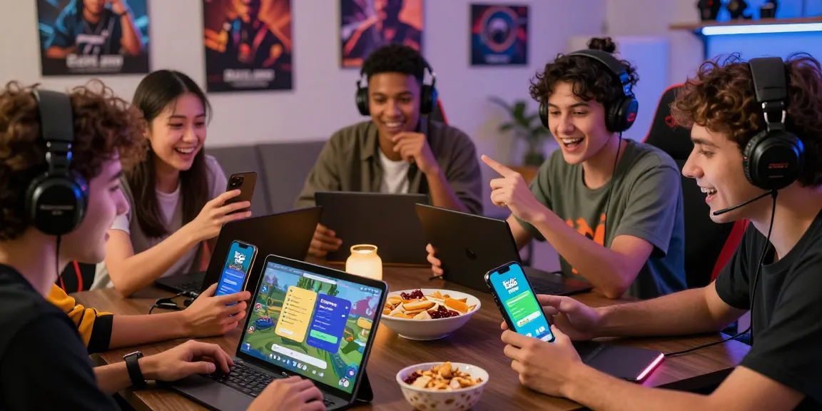 Friends excitedly using Raja Game login on their devices in a lively gaming session.