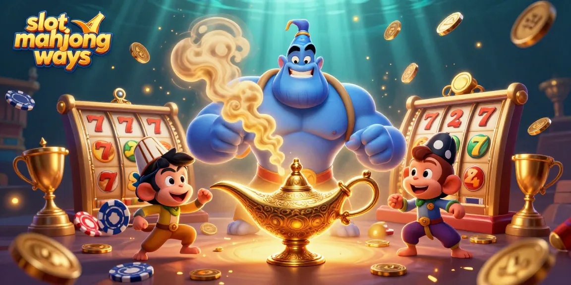 Spin the slot mahjong ways reels with the animated genie and monkey bringing excitement to the gaming experience.