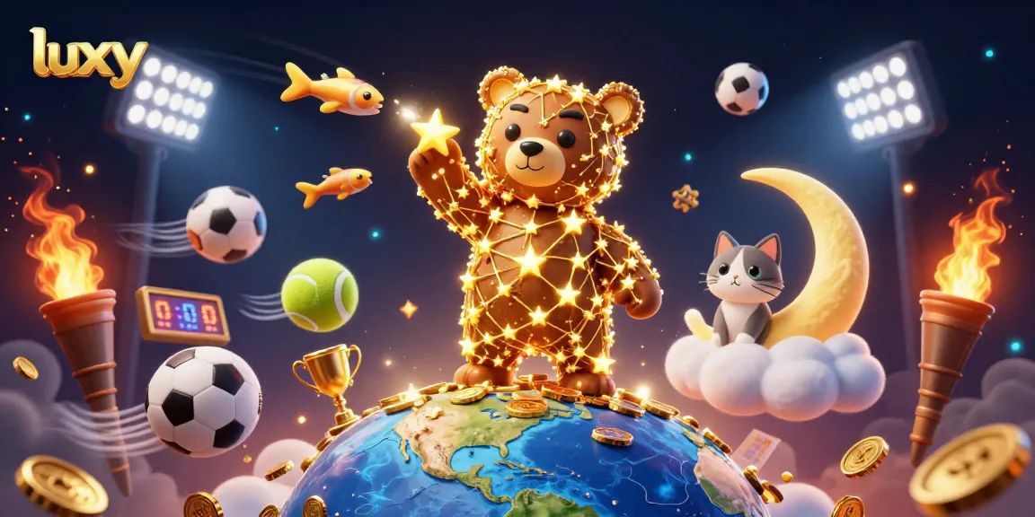 Experience luxy gaming excitement with a constellation bear, sports elements, and trophy in a vibrant casino scene.